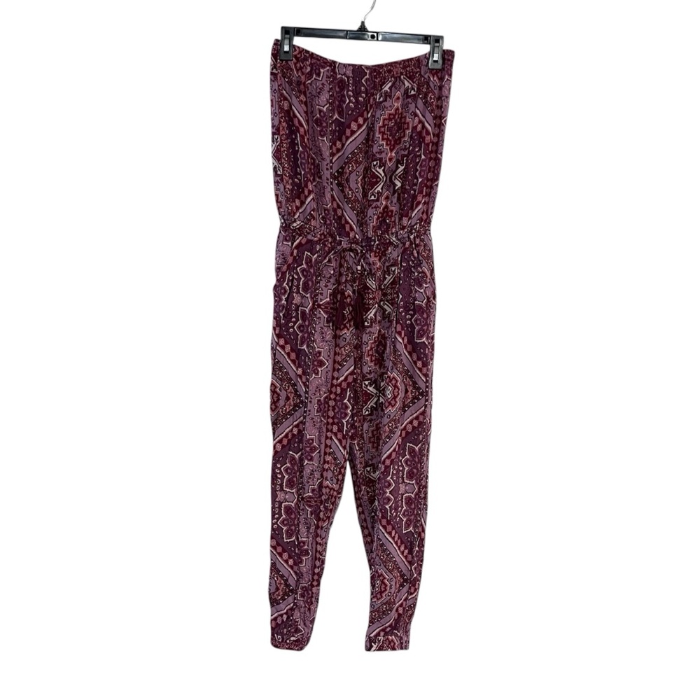 Olivaceous Burgundy Paisley Strapless Jumpsuit